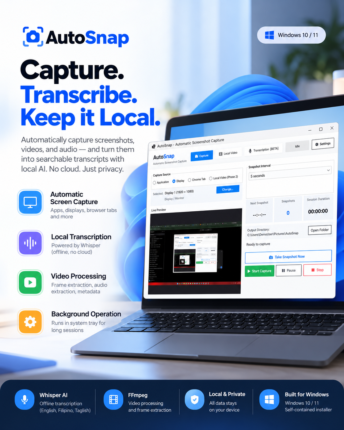 AutoSnap Desktop Capture & Transcription Interface
